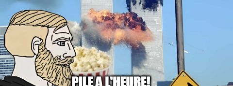 Sur les réseaux sociaux, la Gen Z américaine fait du 11-septembre un mème Un mème sur le 11 septembre avec les 2 tours en feu et une illustration d'un homme qui regarde avec son popcorn comme au cinéma