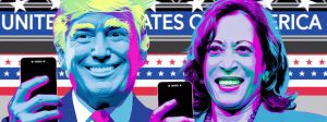 Donald Trump et Kamala Harris sur leurs portables
