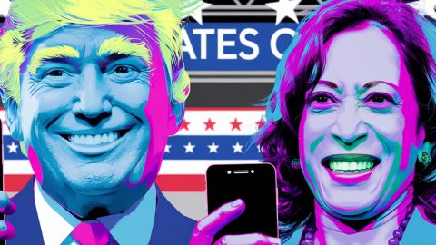 Donald Trump et Kamala Harris sur leurs portables