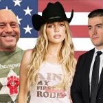 Joe Rogan, Alex Cooper et Lex Fridman sur un drapeau US