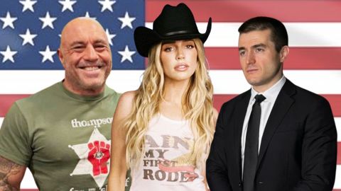 Joe Rogan, Alex Cooper et Lex Fridman sur un drapeau US
