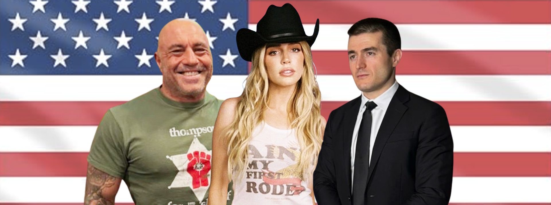 Lex Fridman, Joe Rogan, Alex Cooper et les autres : quelles sont les émissions TV et podcasts qui font l’élection ? - L'ADN Joe Rogan, Alex Cooper et Lex Fridman sur un drapeau US