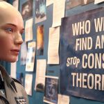 Un bot très humanisé devant une affiche qui appelle à éradiquer les conspirations