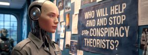 Un bot très humanisé devant une affiche qui appelle à éradiquer les conspirations