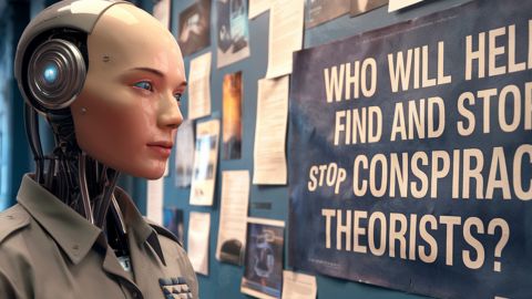 Un bot très humanisé devant une affiche qui appelle à éradiquer les conspirations