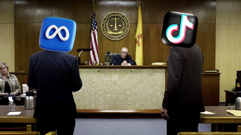 Un juge et deux personnes de dos dont les têtes ont été changées par les logos Meta et TikTok