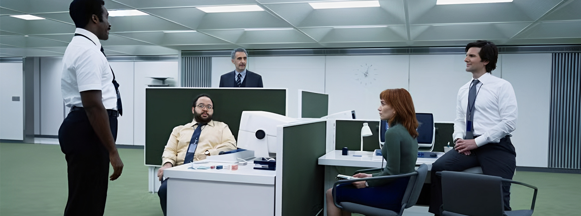 Image issue de la série "Severance" avec des employés de bureau