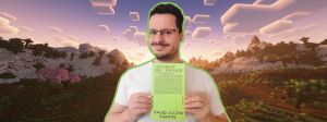 David-Julien Rahmil tenant son livre sur un paysage Minecraft shader