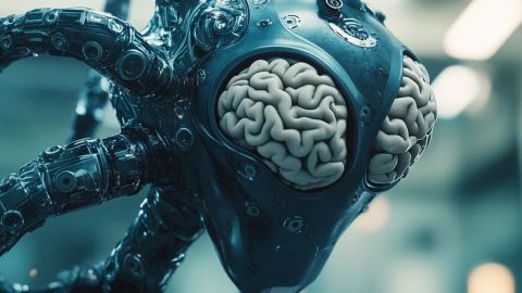 Un robot alien avec des tentacules métalliques et des cerveaux en guise d'yeux