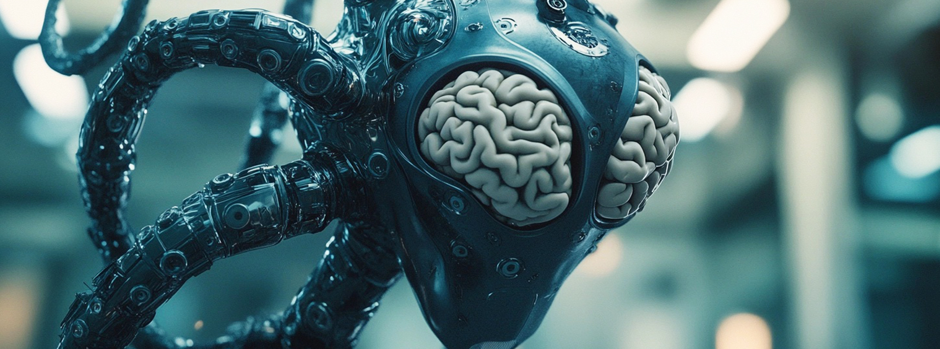 Un robot alien avec des tentacules métalliques et des cerveaux en guise d'yeux