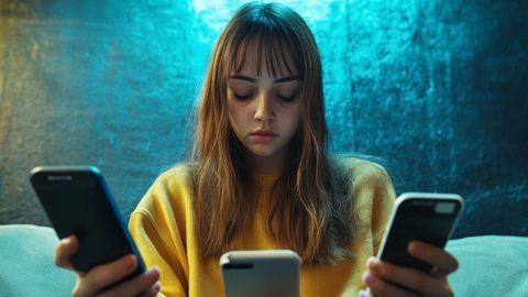 Une fille avec 3 smartphones