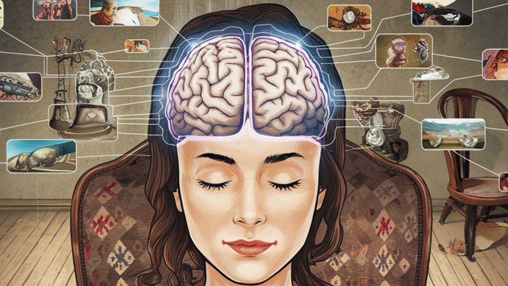 Illustration de la tête d'une femme avec une vue de son cerveau et des images pour les souvenirs