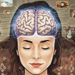 Illustration de la tête d'une femme avec une vue de son cerveau et des images pour les souvenirs