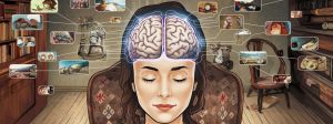 Illustration de la tête d'une femme avec une vue de son cerveau et des images pour les souvenirs