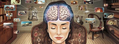 « Le potentiel de l'IA à générer de faux souvenirs est préoccupant » Illustration de la tête d'une femme avec une vue de son cerveau et des images pour les souvenirs