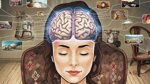 Illustration de la tête d'une femme avec une vue de son cerveau et des images pour les souvenirs