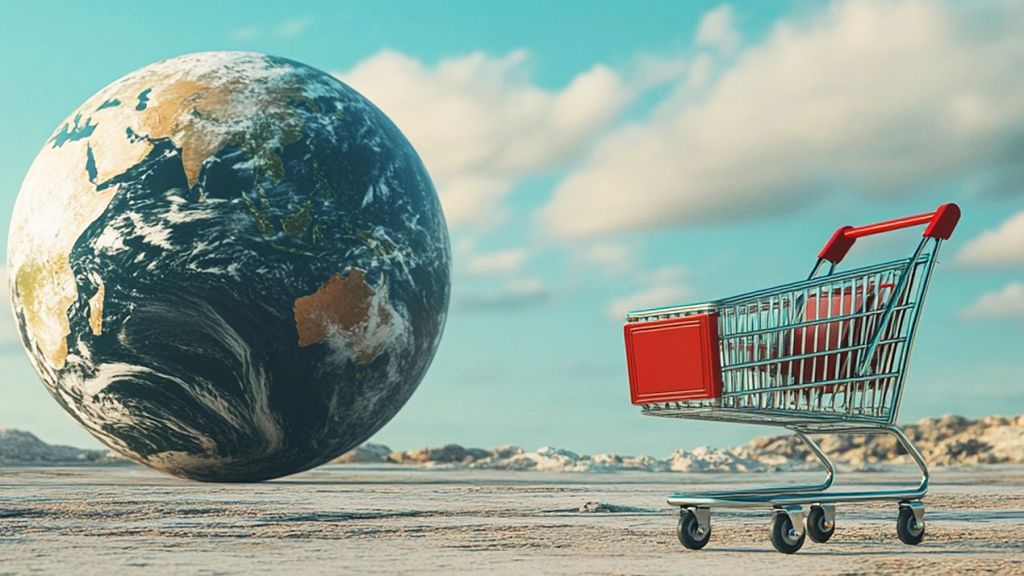 image d'un caddie et d'un globe terrestre