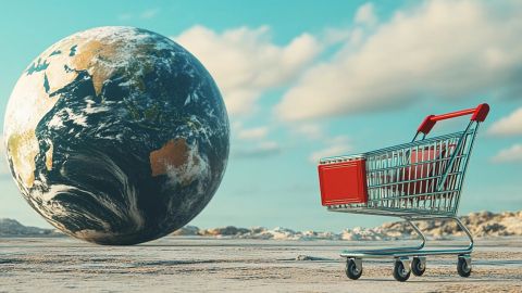 image d'un caddie et d'un globe terrestre