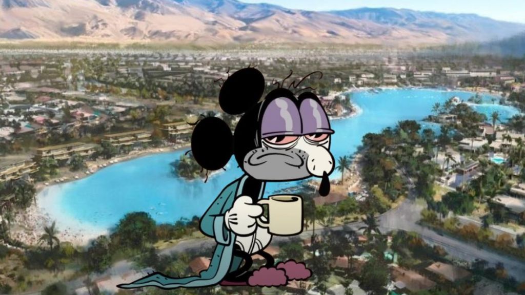 un mickey depressif et vieux devant un village idylique