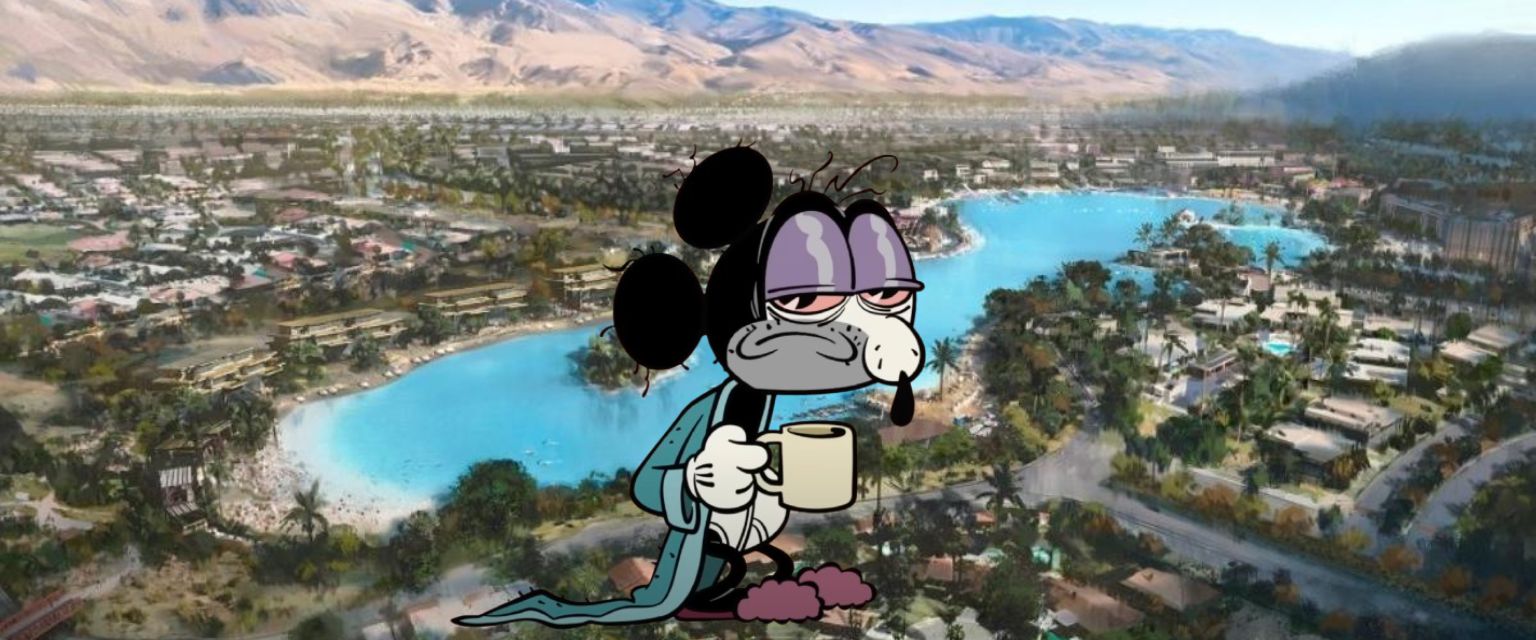 un mickey depressif et vieux devant un village idylique