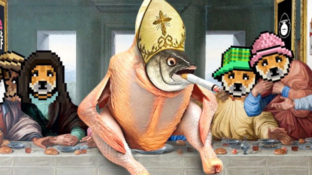 « L’Église du poisson-poulet fumant » et autres cultes : pourquoi les crypto-bros créent-ils tous leurs pseudo-religions ?  Un poisson-poulet qui fume avec une coiffe de pape