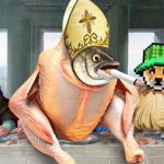 Un poisson-poulet qui fume avec une coiffe de pape