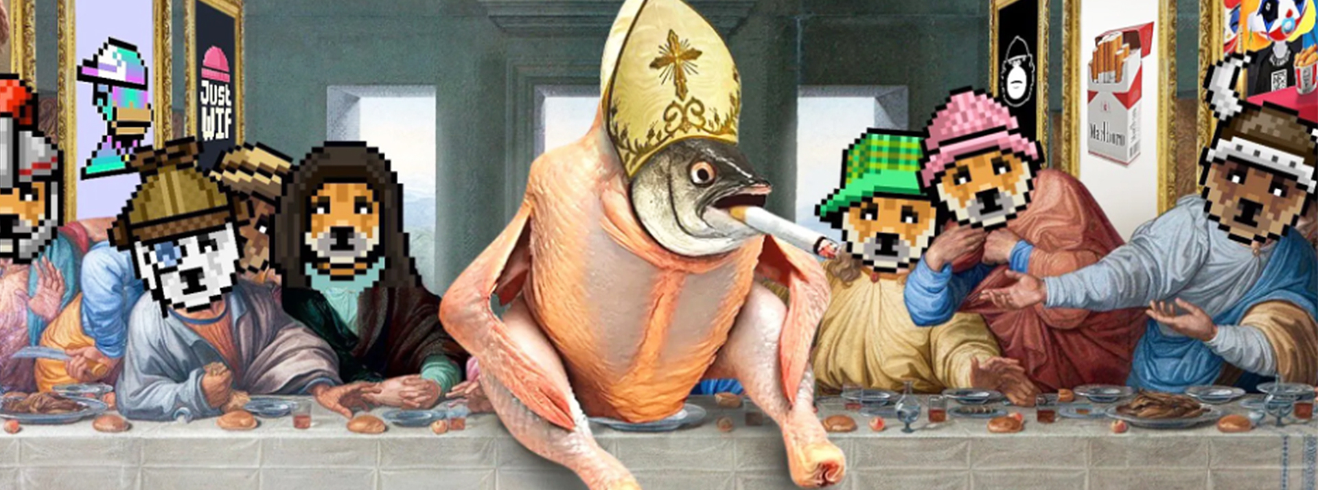 « L’Église du poisson-poulet fumant » et autres cultes : pourquoi les crypto-bros créent-ils tous leurs pseudo-religions ? - L'ADN Un poisson-poulet qui fume avec une coiffe de pape
