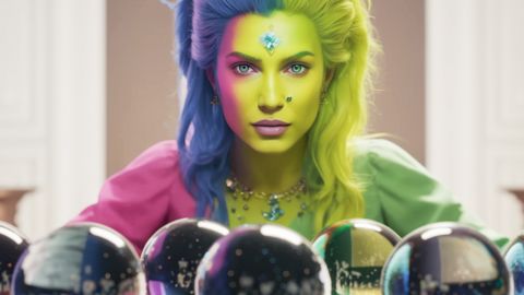 Une voyante pop devant une multitude de boules de cristal