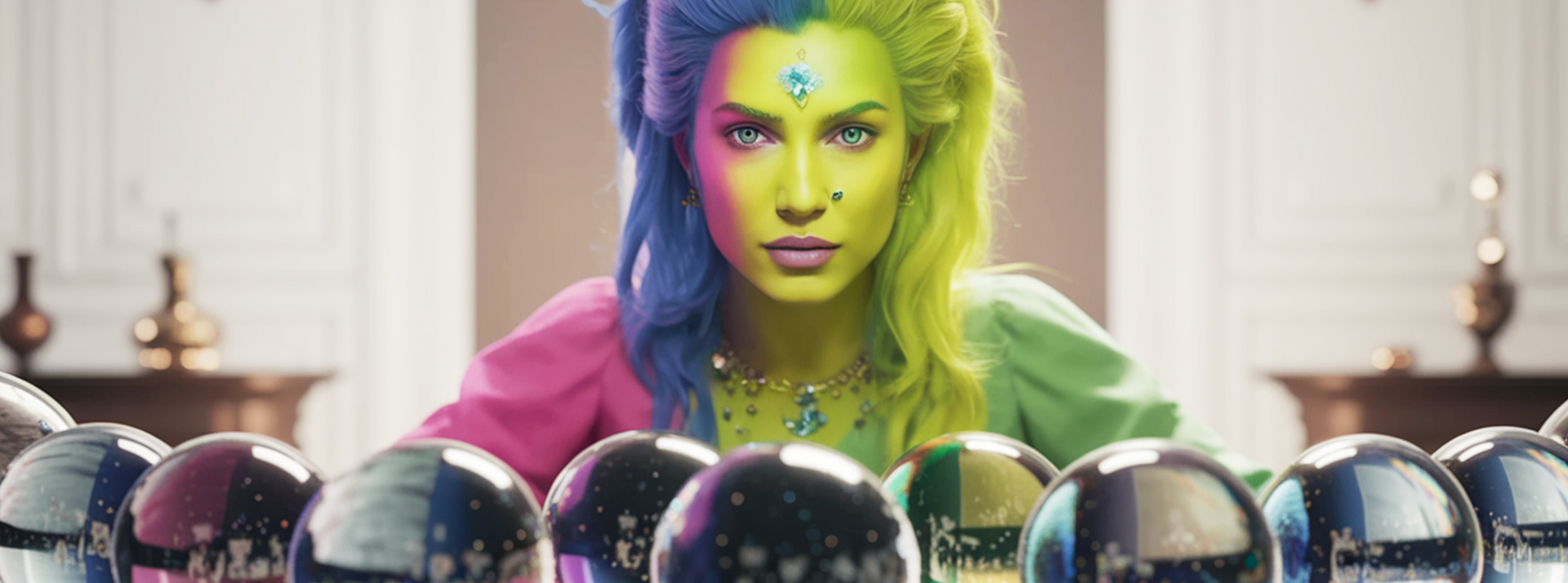 La prospective peut-elle nous aider à affronter nos temps incertains ? - L'ADN Une voyante pop devant une multitude de boules de cristal