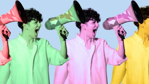 Un homme avec un hygiaphone reproduit 4 fois avec des filtres de couleur différents