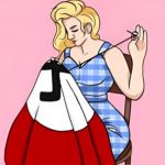 Illustration d'une femme en roble bleu a carreaux qui coud le drapeau nazi