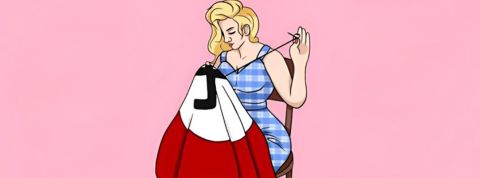 Radicalisation des femmes en ligne : l’idéologie de l'alt-right gagne du terrain Illustration d'une femme en roble bleu a carreaux qui coud le drapeau nazi
