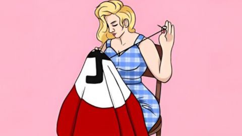 Illustration d'une femme en roble bleu a carreaux qui coud le drapeau nazi