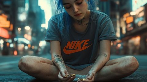 Une fille aux cheveux bleus mendie