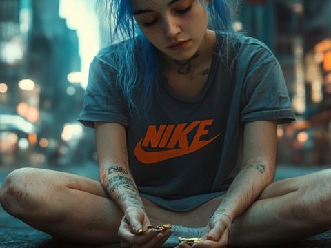 Une fille aux cheveux bleus mendie