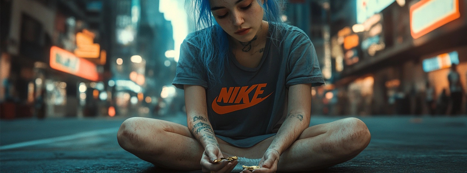 « Go woke, go broke » : le slogan trumpiste qui voudrait faire peur aux entreprises - L'ADN Une fille aux cheveux bleus mendie