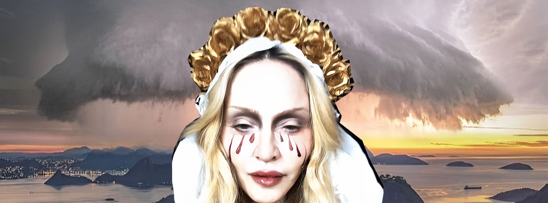 Au Brésil, le G20 des influenceurs s'engage contre la désinformation autours du climat - L'ADN Madonna en vierge éplorée devant une tempête à Rio