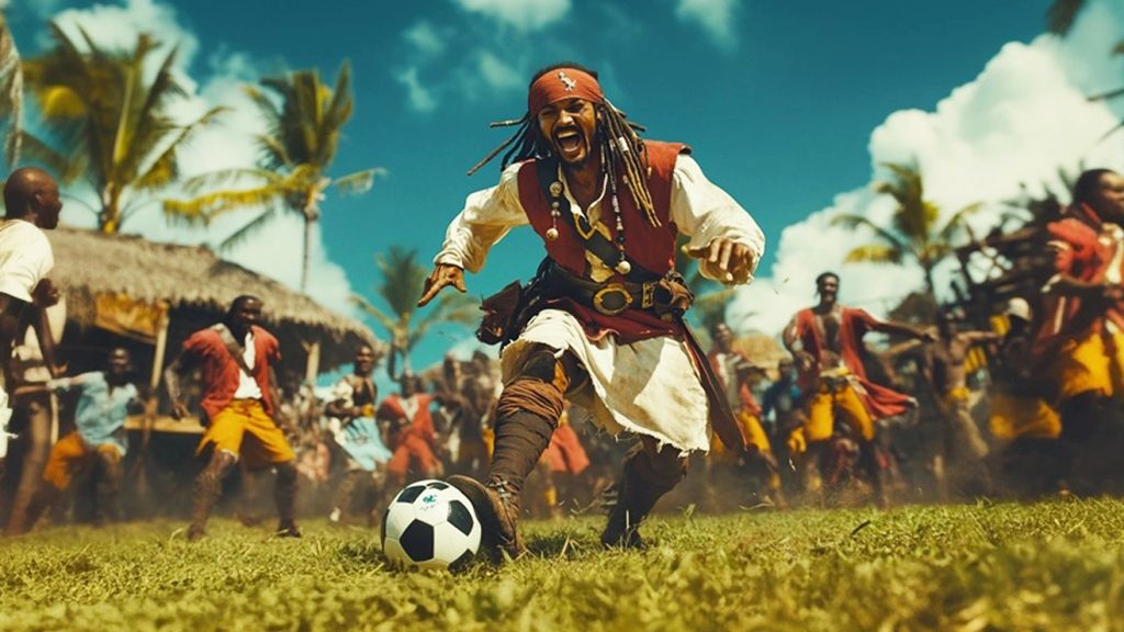 Un pirate des Caraïbes joue au foot