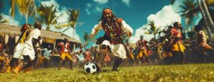 Un pirate des Caraïbes joue au foot