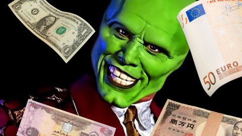 Jim Carrey dans The Mask, avec des billets de banque de différents pays