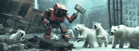 Comment utiliser ChatGPT sans décimer les ours blancs ? Un robot rouge old school avec un marteau levé au-dessus d'ours blancs
