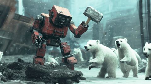 Un robot rouge old school avec un marteau levé au-dessus d'ours blancs