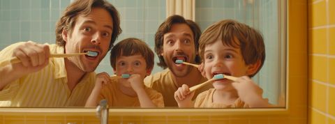 Monoparentalité, mariage gay, coparentalité : Est-ce que la famille change réellement ?  Deux papas et leurs deux garçons se brossent les dents