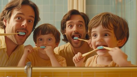 Deux papas et leurs deux garçons se brossent les dents