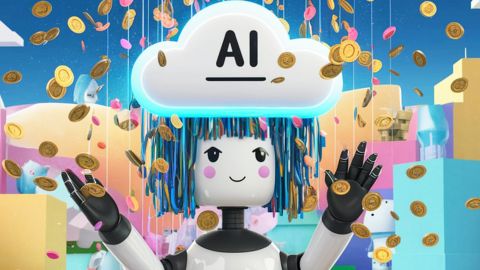 Un robot AI sous une pluie de pièces d'argent