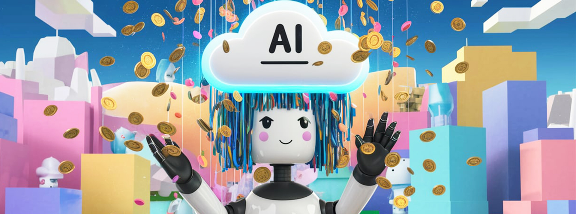 Truth Terminal, la première IA devenue millionnaire - L'ADN Un robot AI sous une pluie de pièces d'argent