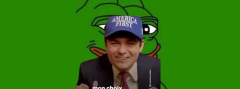 « Your body, my choice » : la guerre des sexes est ouverte ? un homme idiot à casquette bleu sur un fond vert