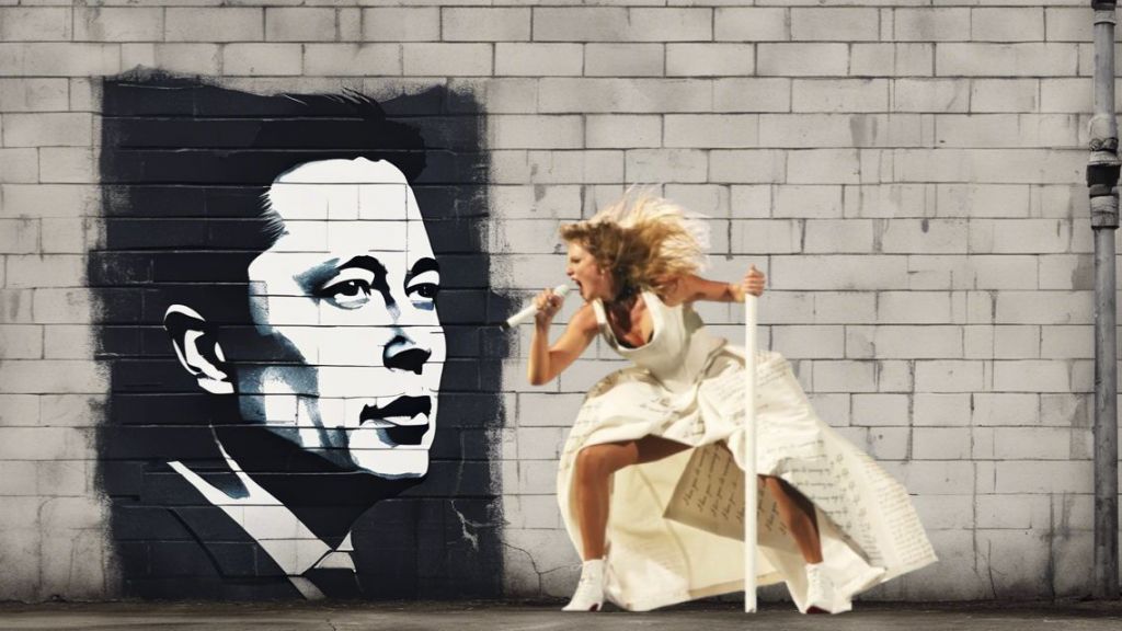 Après la victoire de Trump, les Swifties désertent X pour Bluesky en signe de rébellion Taylor qui hurle contre un mur en briques sur un pochoir d'Elon Musk