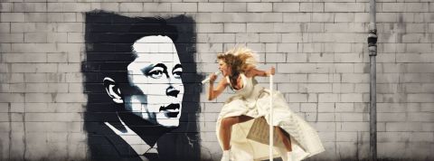 Après la victoire de Trump, les Swifties désertent X pour Bluesky en signe de rébellion Taylor qui hurle contre un mur en briques sur un pochoir d'Elon Musk