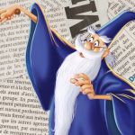 Illustration d'un magicien avec sa baguette sur des morceaux d'articles découpés